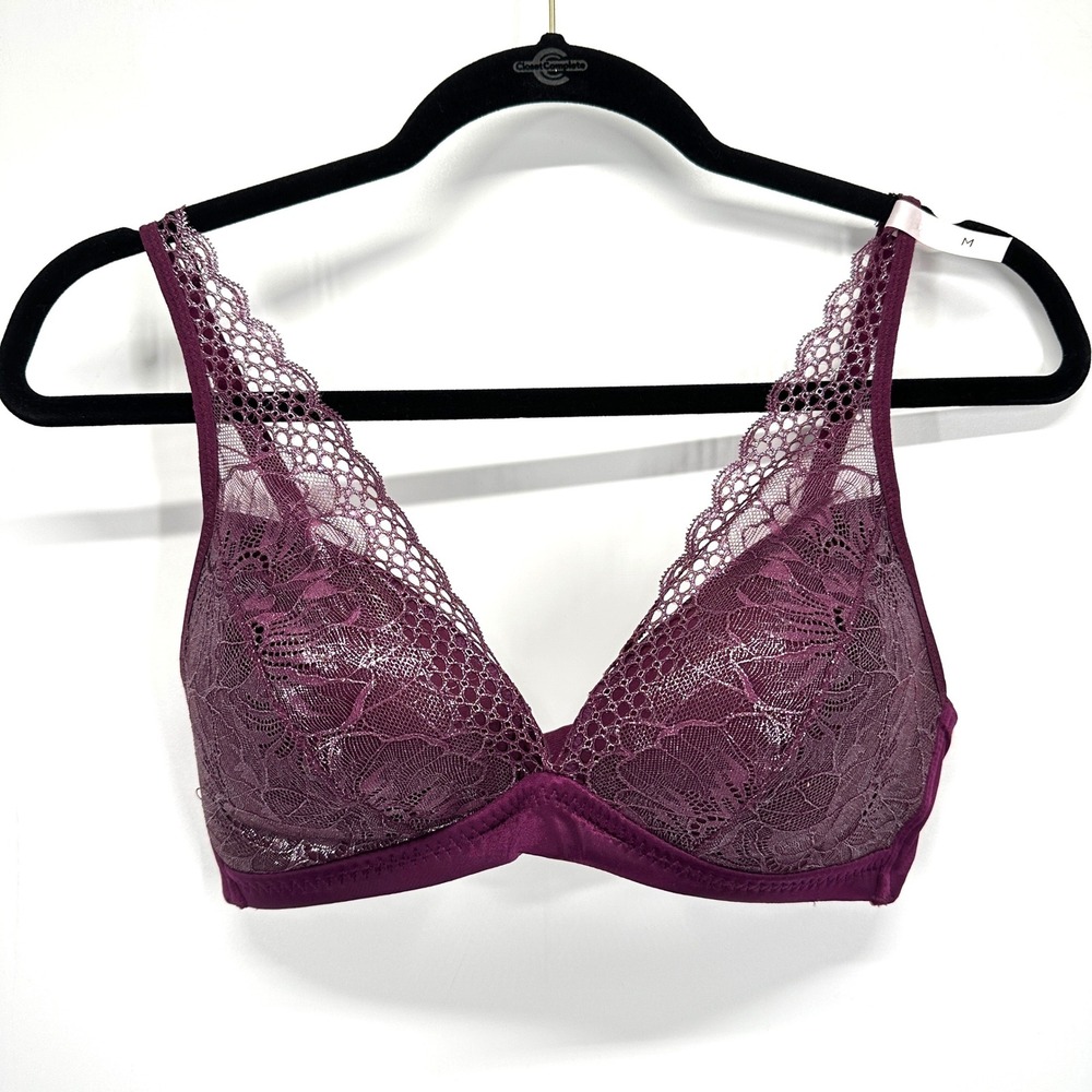 Ambrielle Full Coverage Lace Wireless Bra Size M Plum Purple Floral Comfort